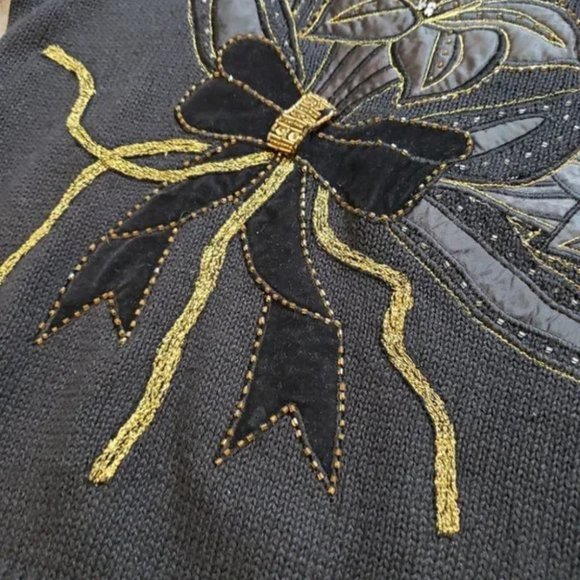 Vintage Crewneck Retro 80s Black Sweater Bow Beaded Embroidery - Picture 3 of 3